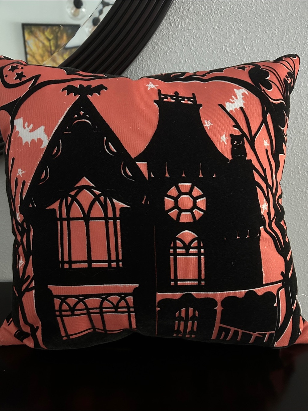 NWOT Haunted House Halloween Throw Pillow / Black Velvet Accents